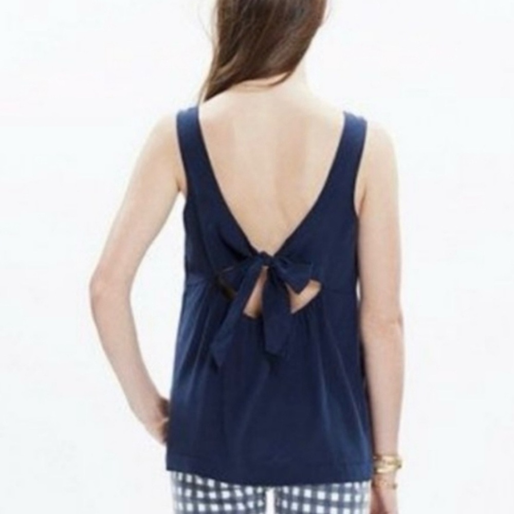 Madewell Navy Blue Silk Lookout Sleeveless Top with Bow Back